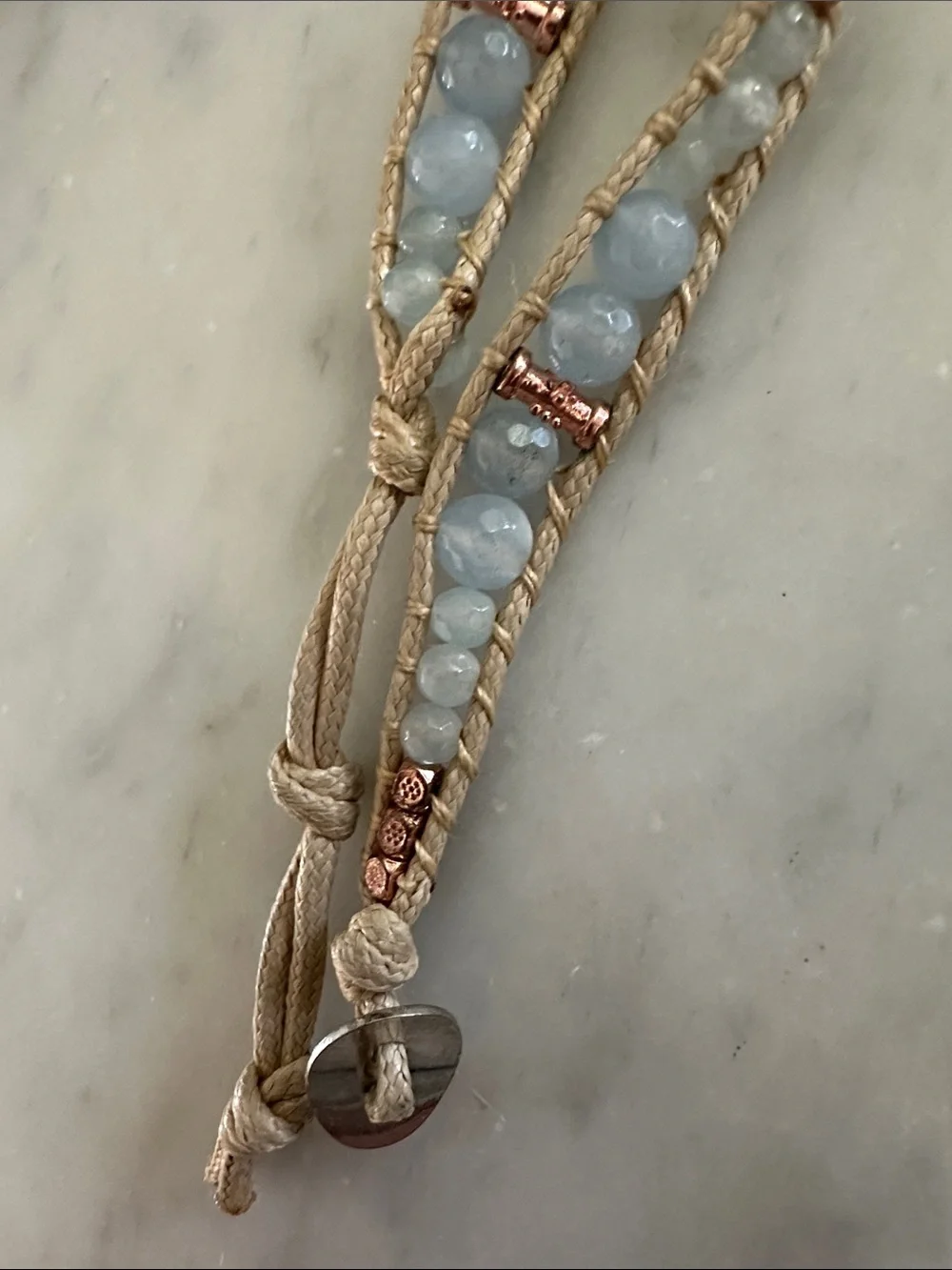 Handcrafted Light Blue Bead Wrap Bracelet with Rose Gold Accents - Picture 4 of 6
